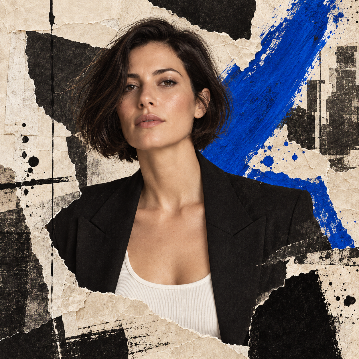 Artistic portrait of a woman with blue and black paper collage