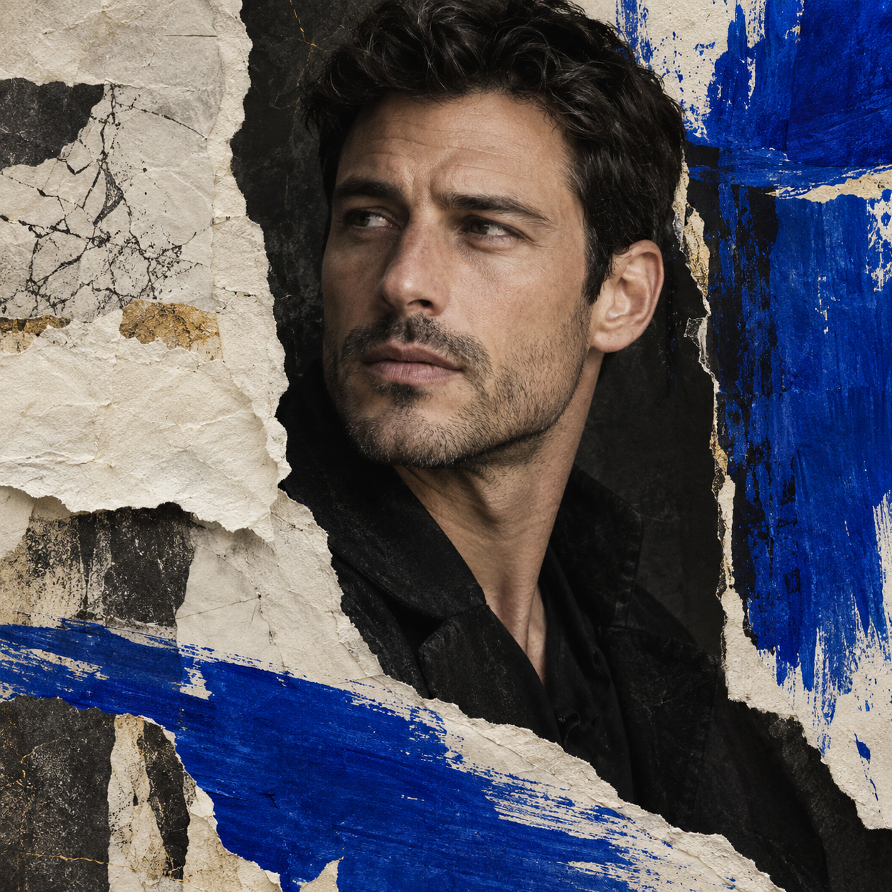 Artistic portrait of a man with cobalt blue collage